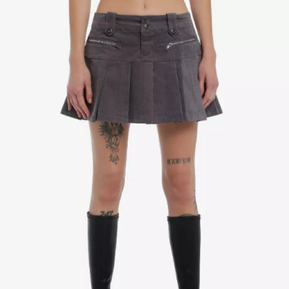 Hot Topic Social Collision Dark Grey Corduroy Low Rise Pleated Skirt Large